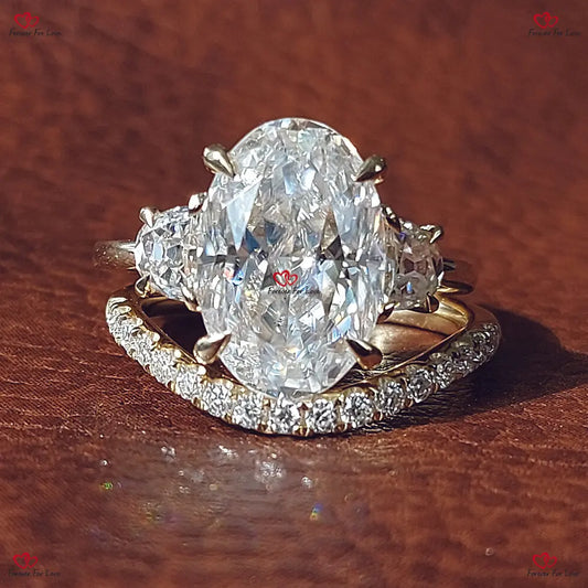 Unique Oval Moissanite Engagement Ring – Solid Yellow Gold Moon Stone Crushed Ice Three-Stone Ring Forever For Love