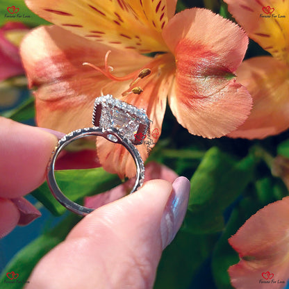 Emerald Cut Double Halo Moissanite Engagement Ring |  Forever Ring | Pave Diamond Modern Engagement Ring