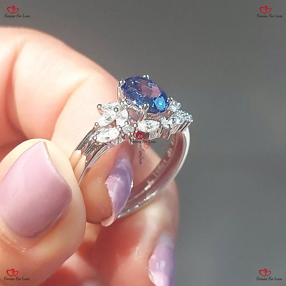Unique Vintage Blue Sapphire Engagement Ring | Art Deco Bridal Set | Marquise Ring | Blue Sapphire | Forever For Love Marquise cut Natural Sapphire engagement ring in 935 Argentium Silver — custom handcrafted by Forever For Love