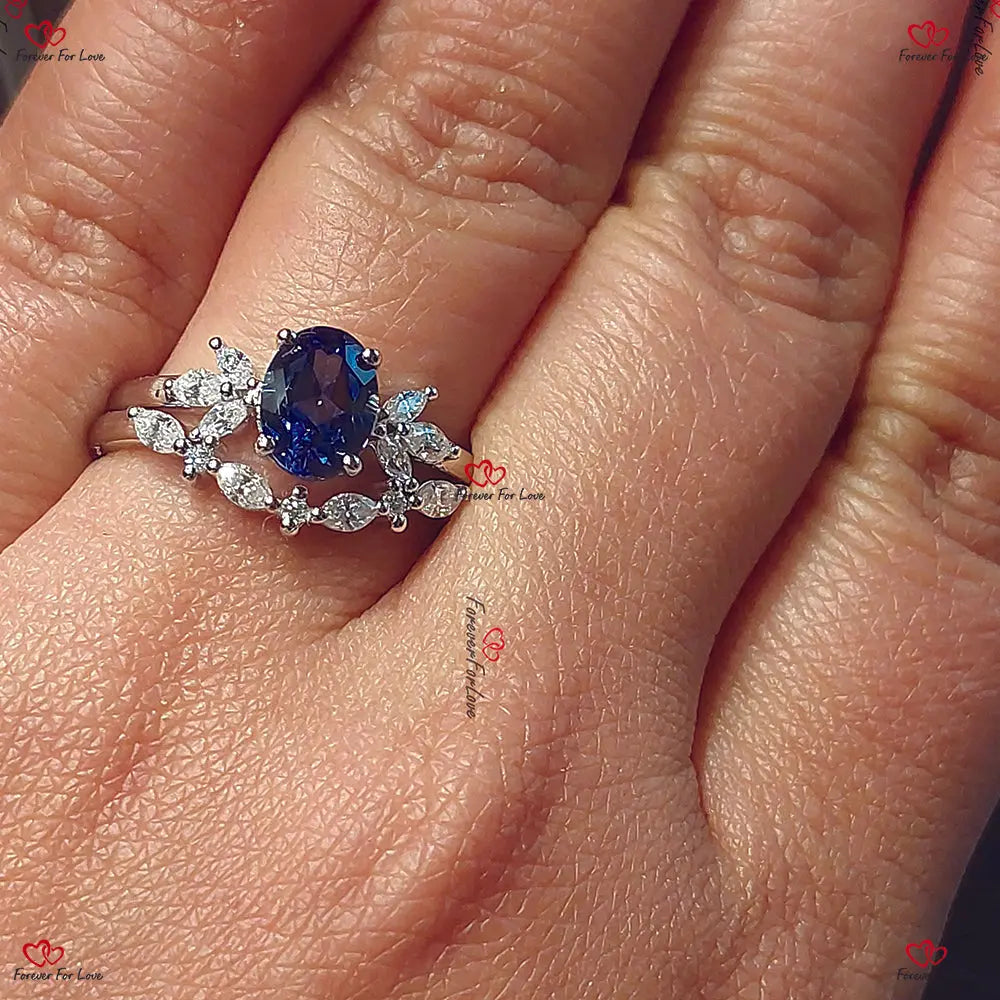 Unique Vintage Blue Sapphire Engagement Ring | Art Deco Bridal Set | Marquise Ring | Blue Sapphire | Forever For Love Marquise cut Natural Sapphire engagement ring in 935 Argentium Silver — custom handcrafted by Forever For Love