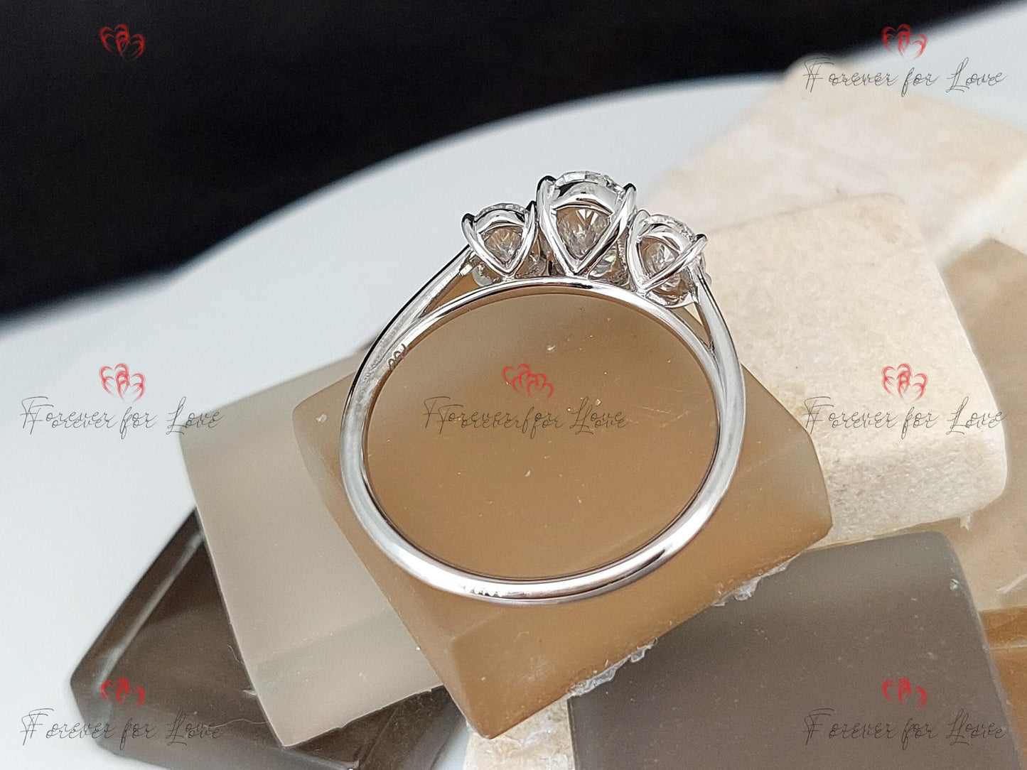 Bague de Fiançailles Ovale 2 Ct en Diamant de Laboratoire Trois Pierres avec Accent Poire Oval cut Moissanite engagement ring in Gold or Platinum — custom handcrafted by Forever For Love