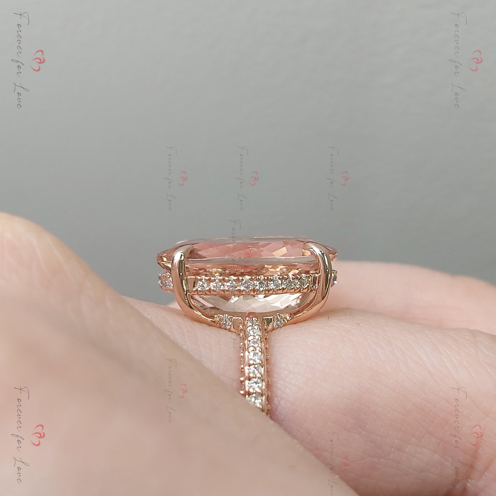 Oval Diamond, Morganite Hidden Halo Engagement Ring