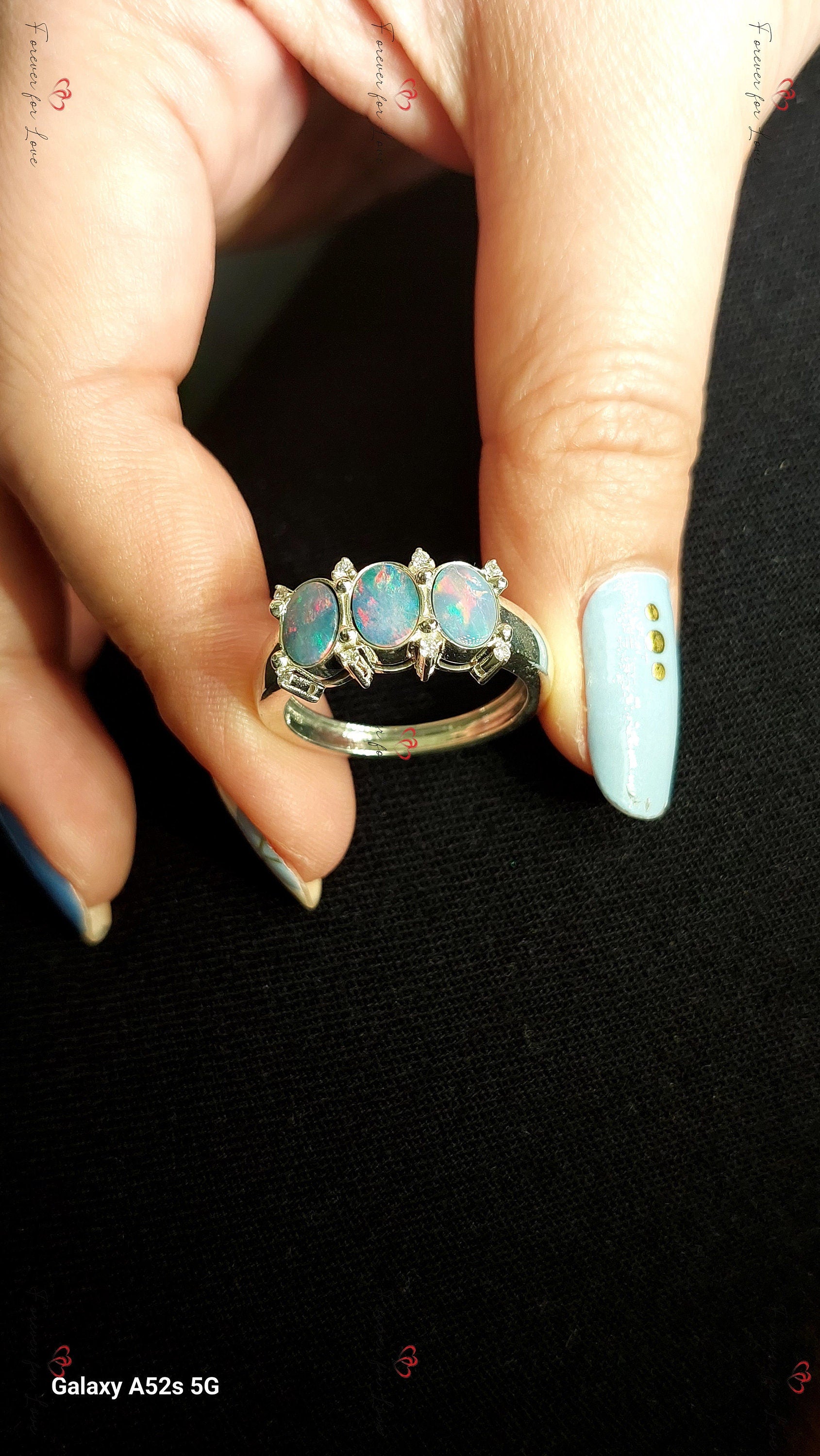 Oval Natural Diamond, Opal Three Stone Engagement Ring