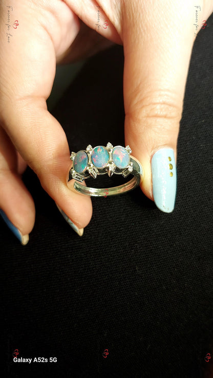 Oval Natural Diamond, Opal Three Stone Engagement Ring