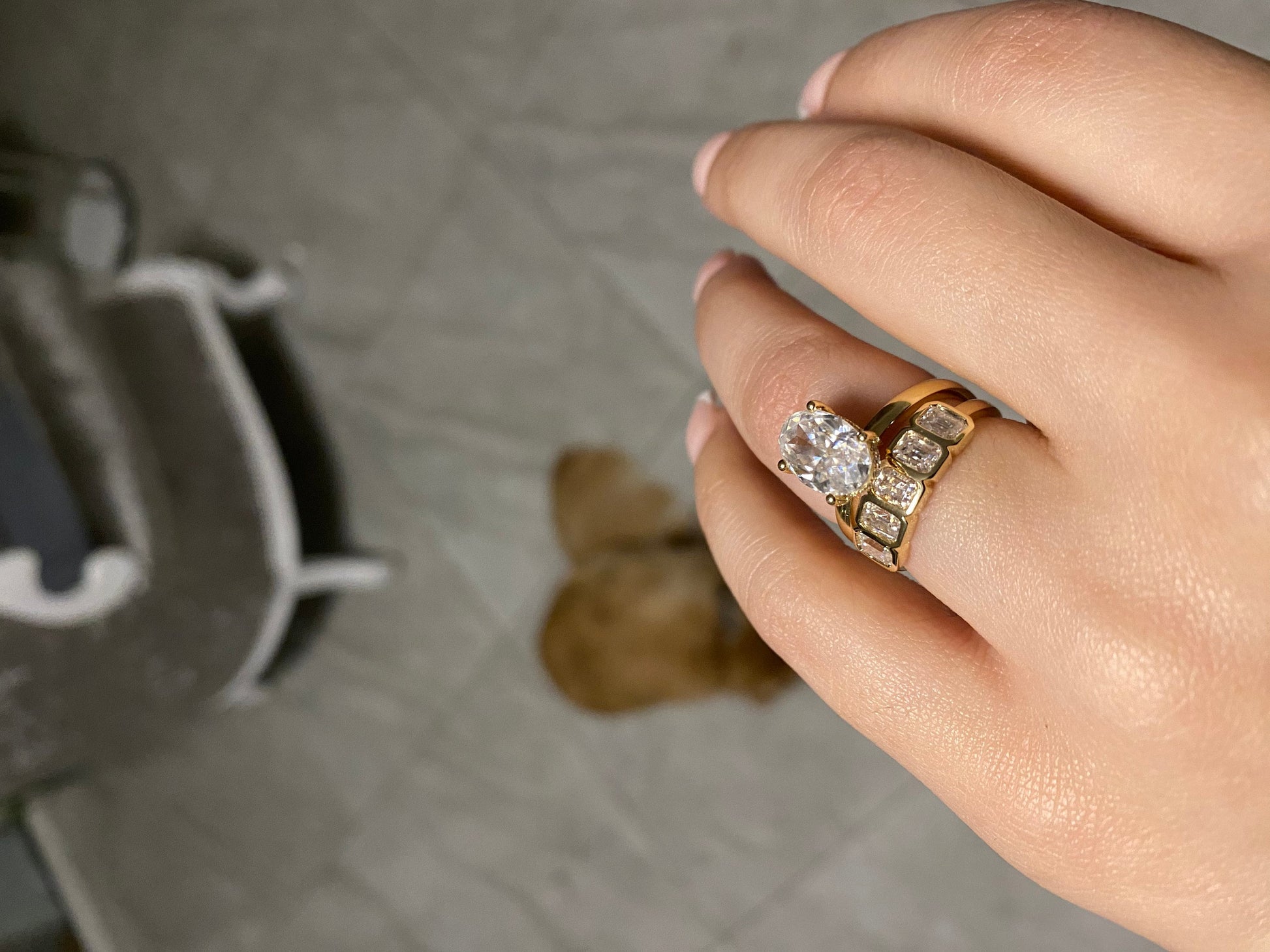 Emerald Cut Anniversary Band Moissanite Wedding Band Half Eternity Band Solid bezel 14K yellow Gold, Statement Ring