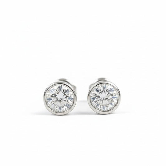 4 Carat Total Weight Round Cut Bezel Setting Lab Grown Diamond Stud Earrings: 14K Yellow Gold, Perfect Gift for Her.
