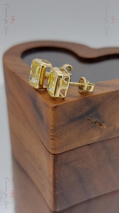 Lünette Radiant-Schliff Ohrstecker, Gelbe Radiant-Schliff Lünetten-Ohrstecker, 14k Gold Ohrstecker, 1 Karat Gesamtgewicht Geschenk für Mama