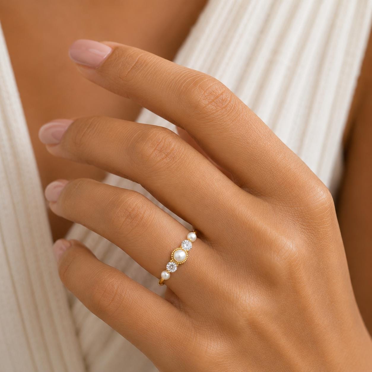 Dainty Fresh Pearl and Diamond Ring Wedding Band for Women Floating Stacking Ring / Lab Diamond Stackable Band Perfect gift for her.