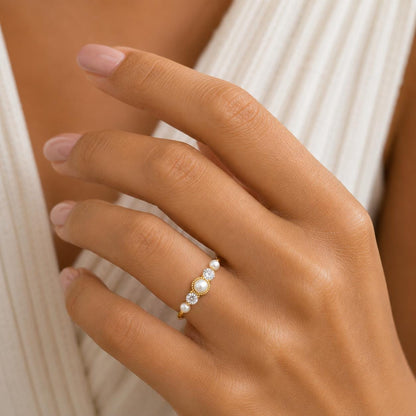 Dainty Fresh Pearl and Diamond Ring Wedding Band for Women Floating Stacking Ring / Lab Diamond Stackable Band Perfect gift for her.