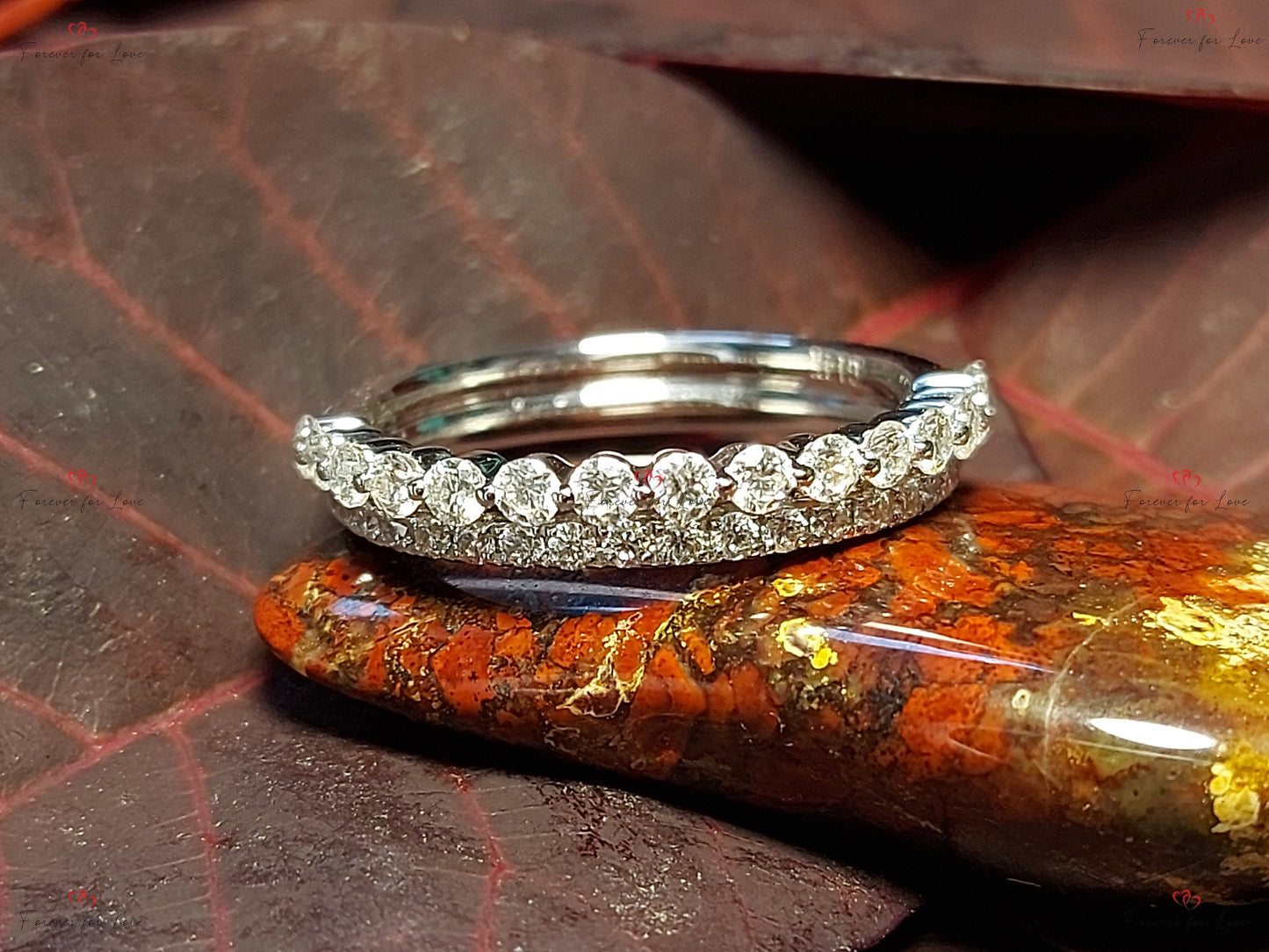 Vintage Moissanite Round cut Wedding Band half eternity promise ring Rose Gold engagement band Women anniversary band ring Round cut Moissanite Brilliant Cut engagement ring in 935 Argentium Silver — custom handcrafted by Forever For Love