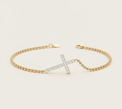 14 Karat Gold Diamantarmband, Kreuzarmband, massive Kugelkette, christlicher Schmuck, massives Gold, zartes Armband, Geschenk für Sie