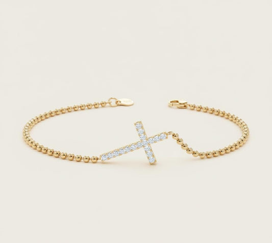 14k Gold Diamond Bracelet, Cross Bracelet, Solid Ball chain, Christian Jewelry, Solid Gold, Dainty Bracelet, Gift for Her
