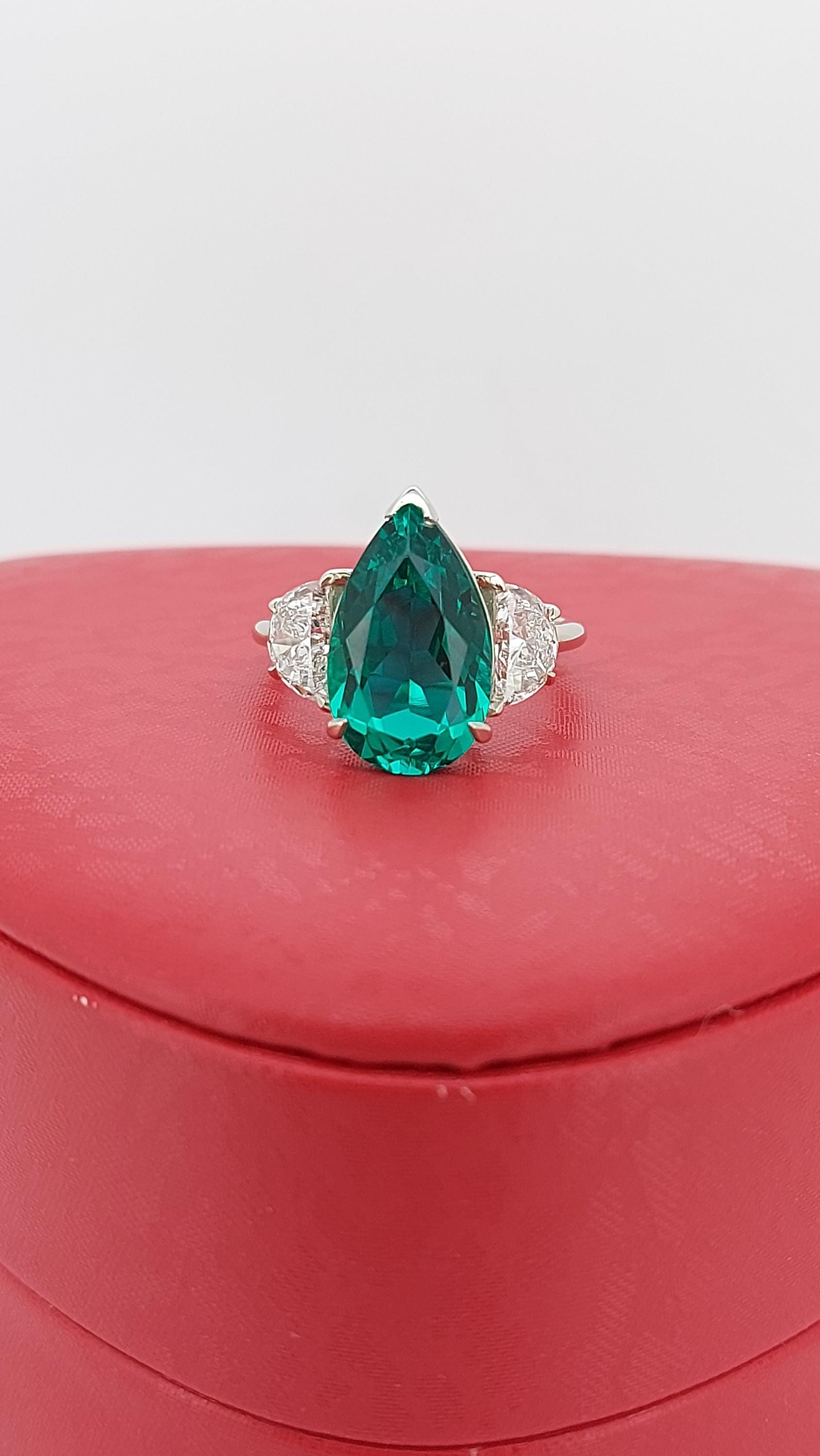 Pear Diamond, Emerald, Moonstone Engagement Ring