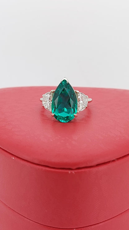 Pear Diamond, Emerald, Moonstone Engagement Ring