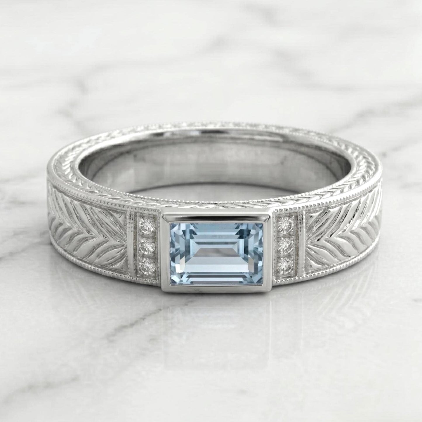 Emerald Aquamarine Wedding Band Emerald cut Natural Aquamarine engagement ring in 935 Argentium Silver — custom handcrafted by Forever For Love