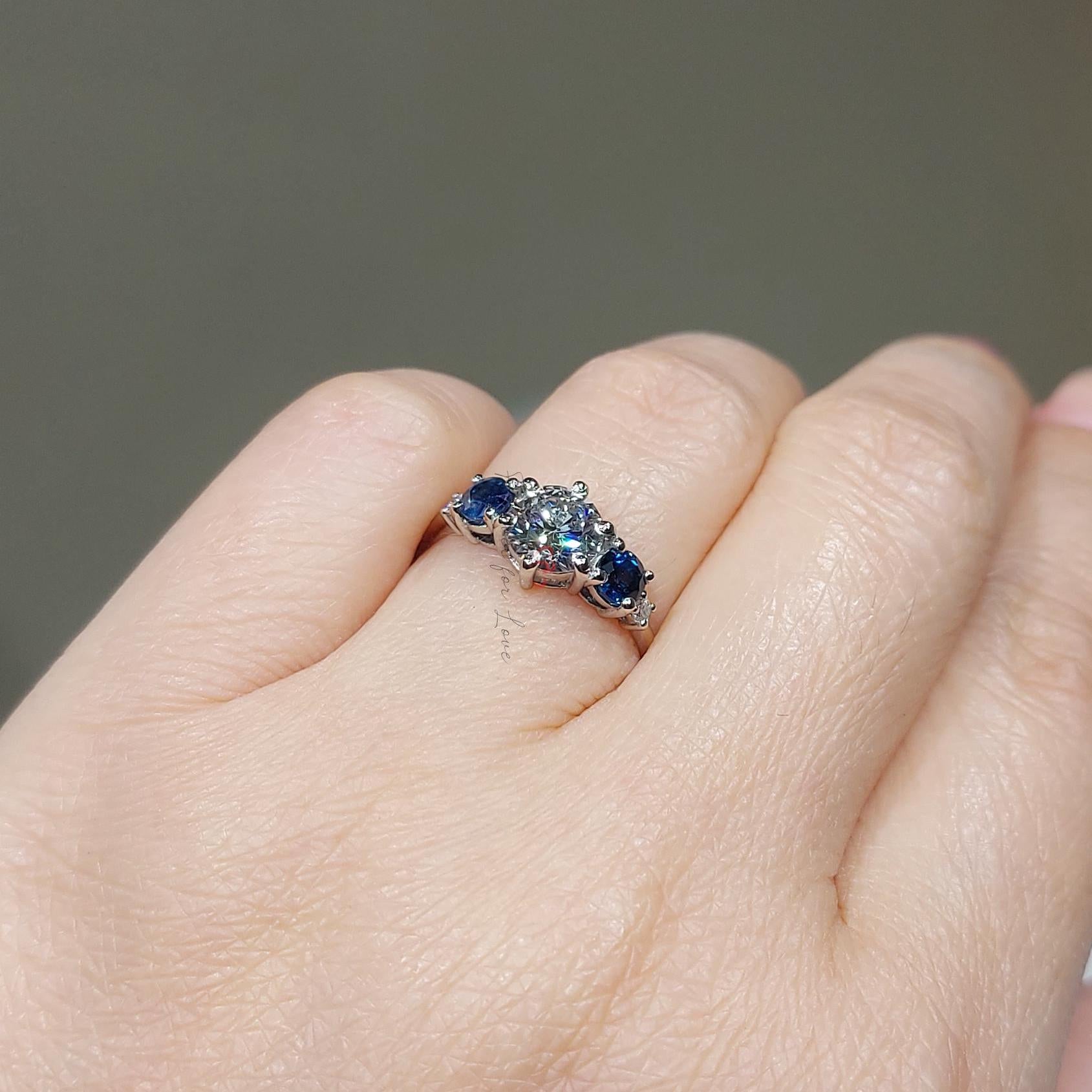 1 Ct Round Diamond, Sapphire Three Stone Ring