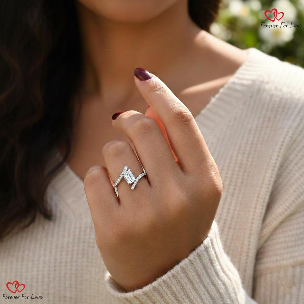 1 Ct IGI Certified Emerald Lab Diamond Engagement Ring Emerald cut 1Ct Moissanite Brilliant Cut engagement ring in 935 Argentium Silver — custom handcrafted by Forever For Love