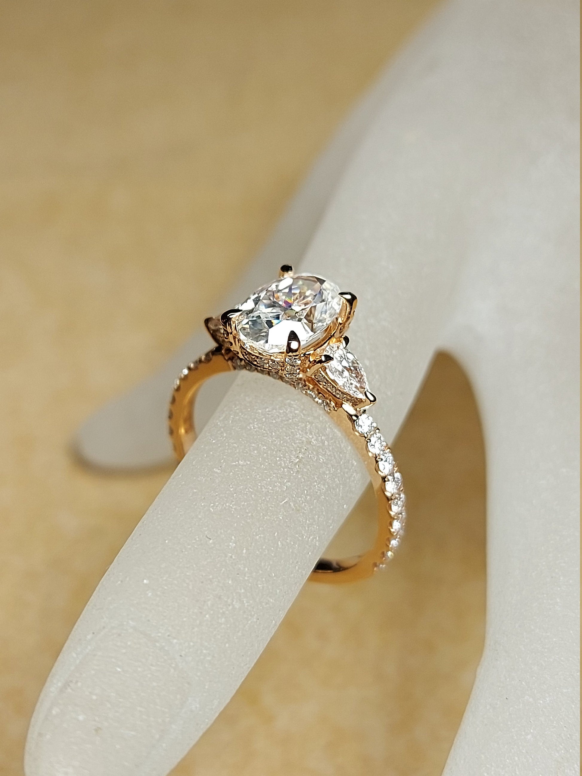 1.5 Ct Oval Diamond, Moissanite Three Stone Engagement Ring