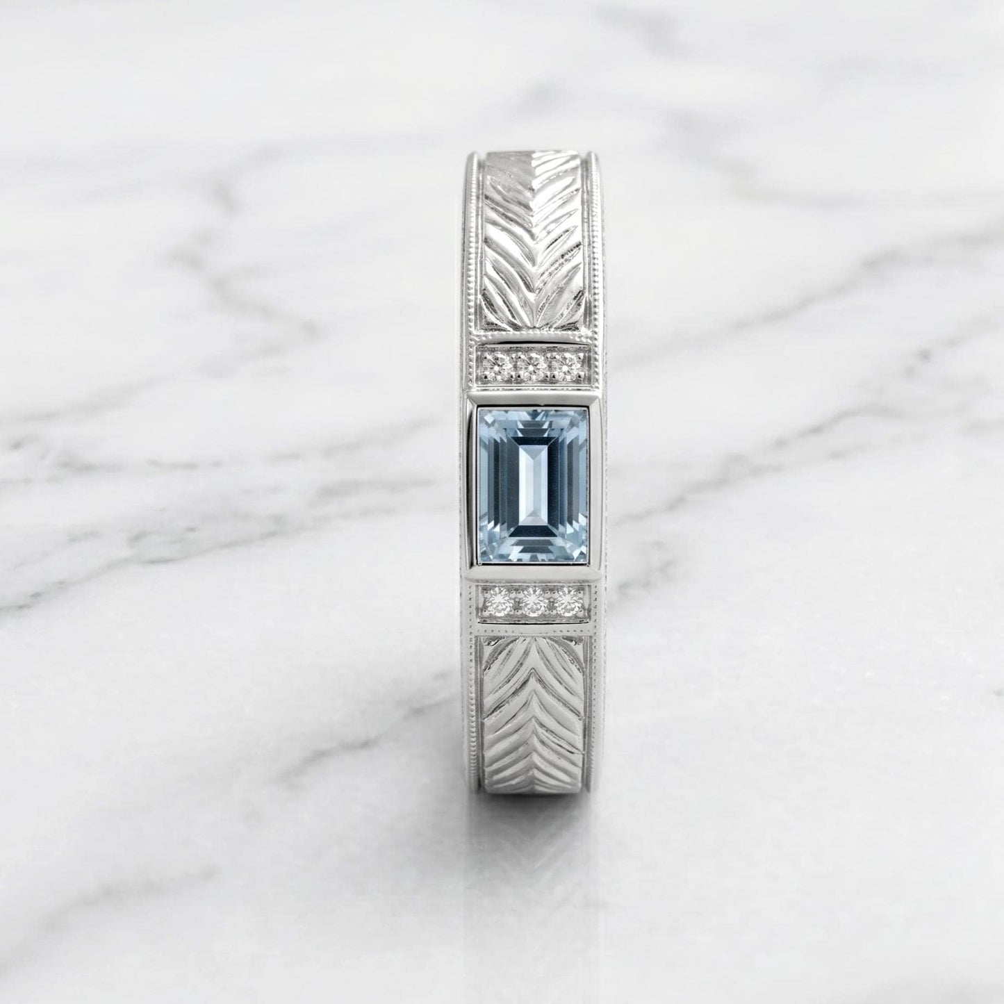 Emerald Aquamarine Wedding Band Emerald cut Natural Aquamarine engagement ring in 935 Argentium Silver — custom handcrafted by Forever For Love