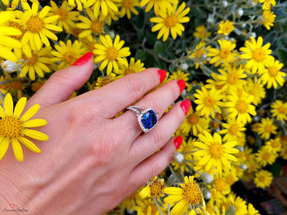 6.5 Ct Cushion Diamond, Sapphire Halo Engagement Ring