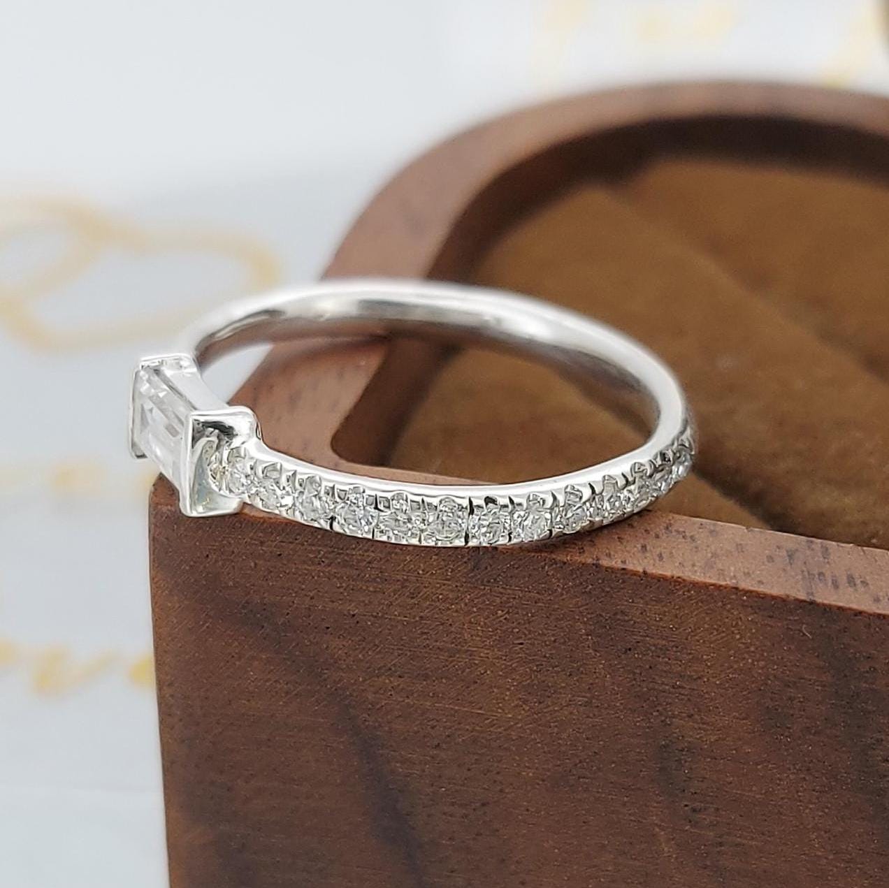 Baguette Lab Diamond Stacking Ring Baguette cut Moissanite Brilliant Cut engagement ring in 935 Argentium Silver — custom handcrafted by Forever For Love
