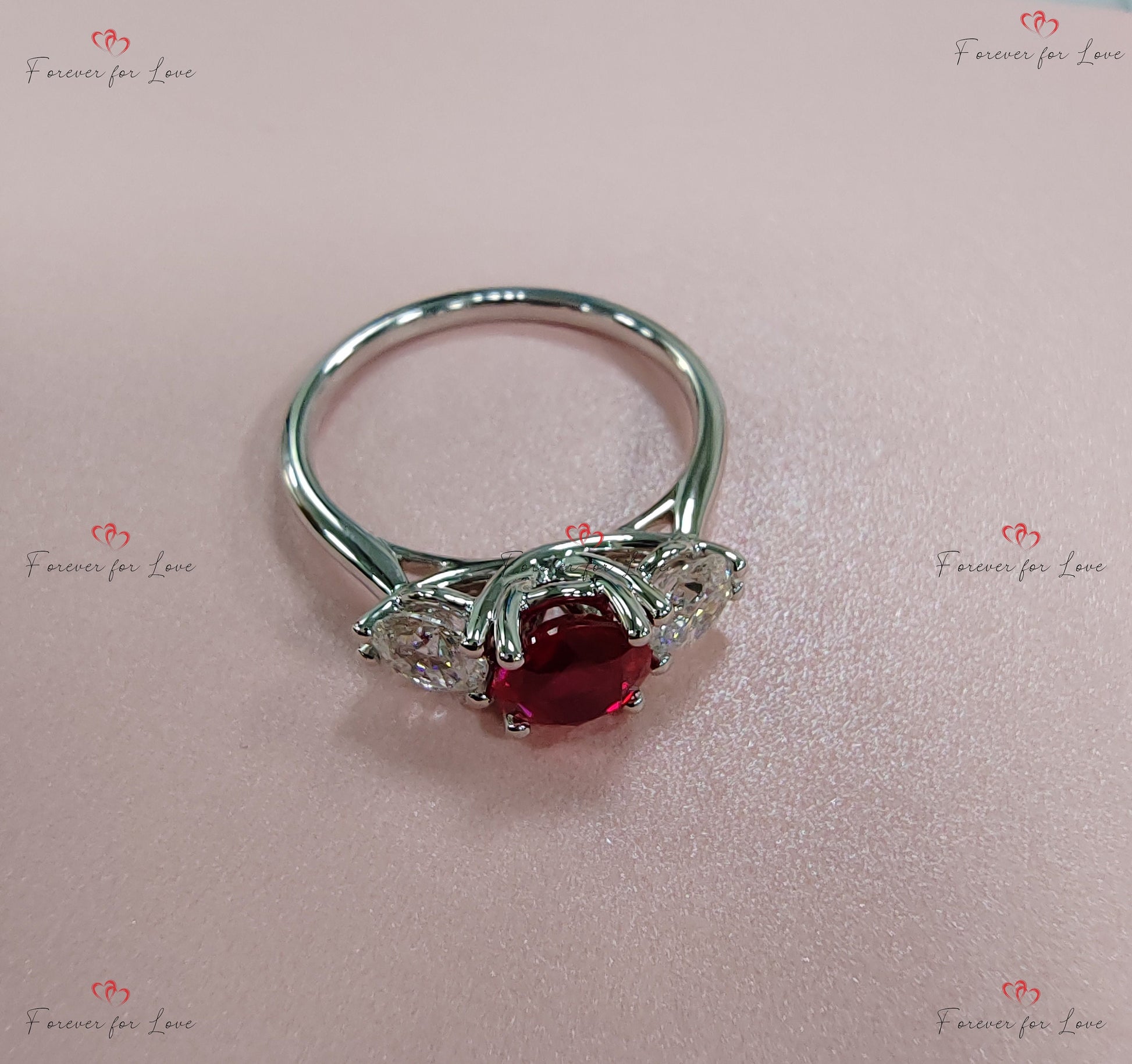 Natural Diamond, Ruby Three Stone Engagement Ring