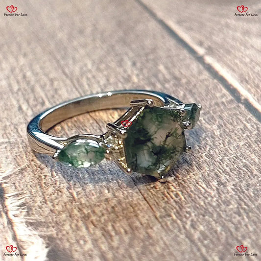 Natural Moss Agate Hexagon Engagement Ring | White Gold Silver or Platinum | Cluster Aquatic Agate Promise Ring with Marquise Moss Agate and Moissanite