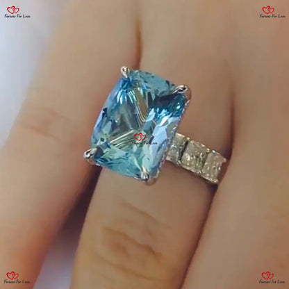 Cushion Cut Aquamarine Engagement Ring - Chunky Radiant Diamond Band in Rose Gold