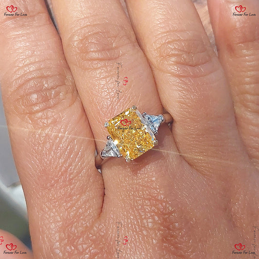 4 Carat Fancy Intense Yellow Cushion Cut Lab Grown Diamond Engagement Ring with Trillion Cut Side Diamonds - Solid  Gold/Platinum