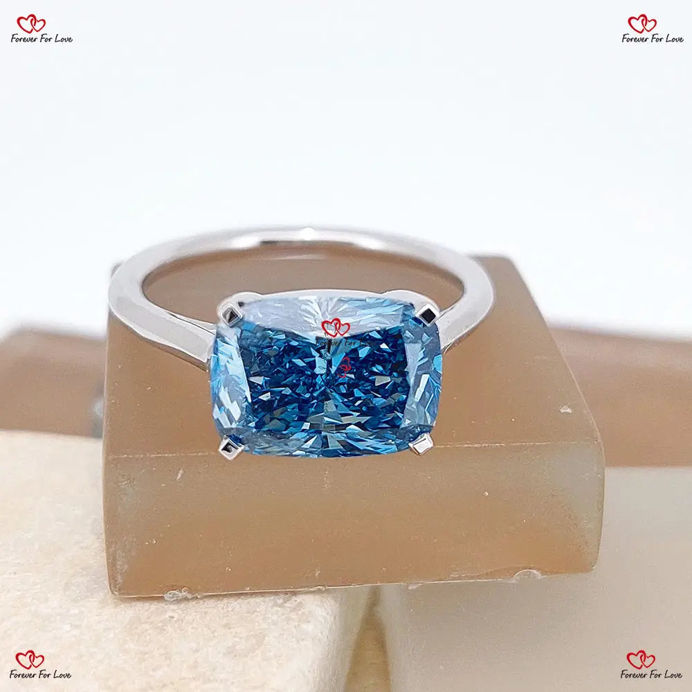 Blue Cushion Cut Lab Created Diamond Engagement Ring Certified Diamond. Perfect anniversary bridal wedding gift for her. Cushion cut 1Ct Moissanite Brilliant Cut engagement ring in 935 Argentium Silver — custom handcrafted by Forever For Love