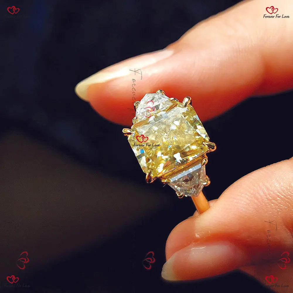 Radiant Cut Canary Yellow Diamond Engagement Ring - Solid Gold Promise Ring with Trillion Cut Diamond Side Stones