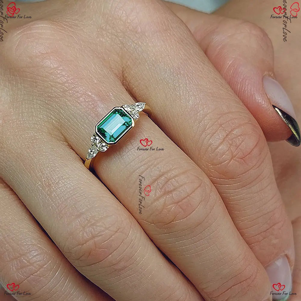 Dainty Emerald Ring solid gold Genuine Emerald Baguette and Diamonds Stackable Minimalist Thin Band Ring. Gift for her. Emerald cut 1Ct Natural Emerald engagement ring in 935 Argentium Silver — custom handcrafted by Forever For Love