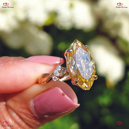 Canary Yellow Marquise Cut Moissanite Yellow Gold Ring | Twist Band Diamond Ring for Women