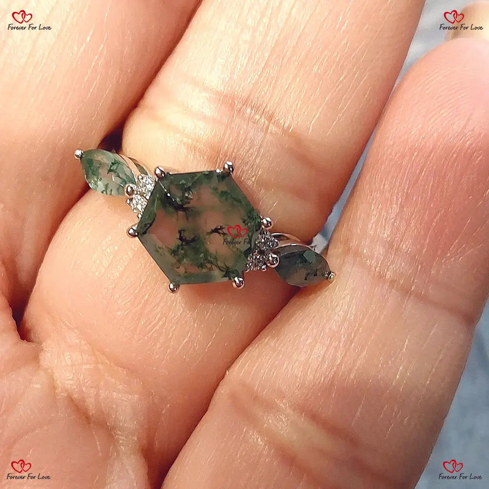 Natural Moss Agate Hexagon Engagement Ring | White Gold Silver or Platinum | Cluster Aquatic Agate Promise Ring with Marquise Moss Agate and Moissanite