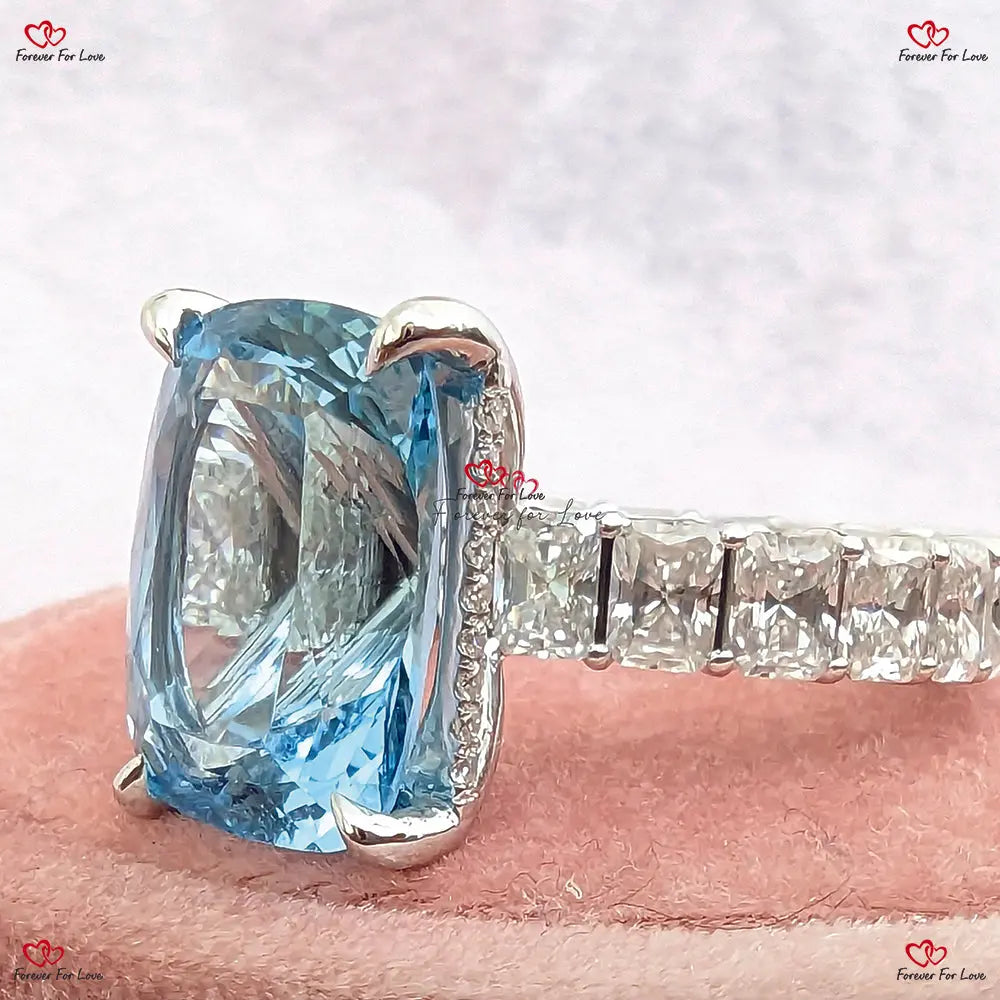 Cushion Cut Aquamarine Engagement Ring - Chunky Radiant Diamond Band in Rose Gold