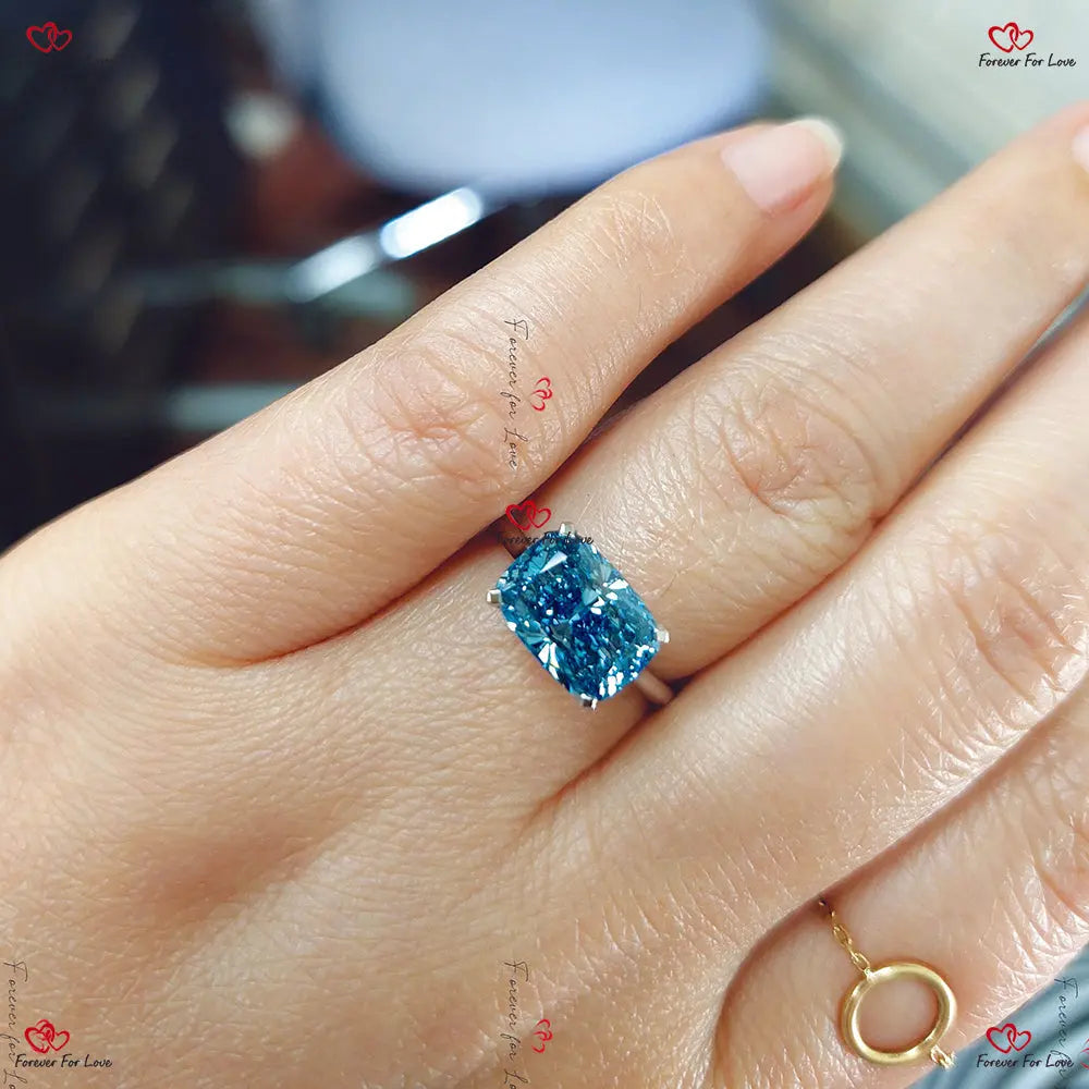 Blue Cushion Cut Lab Created Diamond Engagement Ring Certified Diamond. Perfect anniversary bridal wedding gift for her.