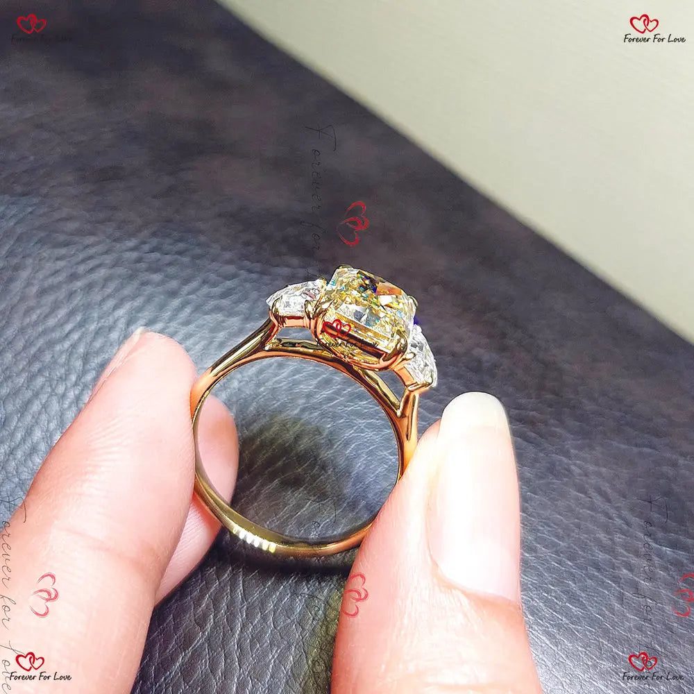 Radiant Cut Canary Yellow Diamond Engagement Ring - Solid Gold Promise Ring with Trillion Cut Diamond Side Stones