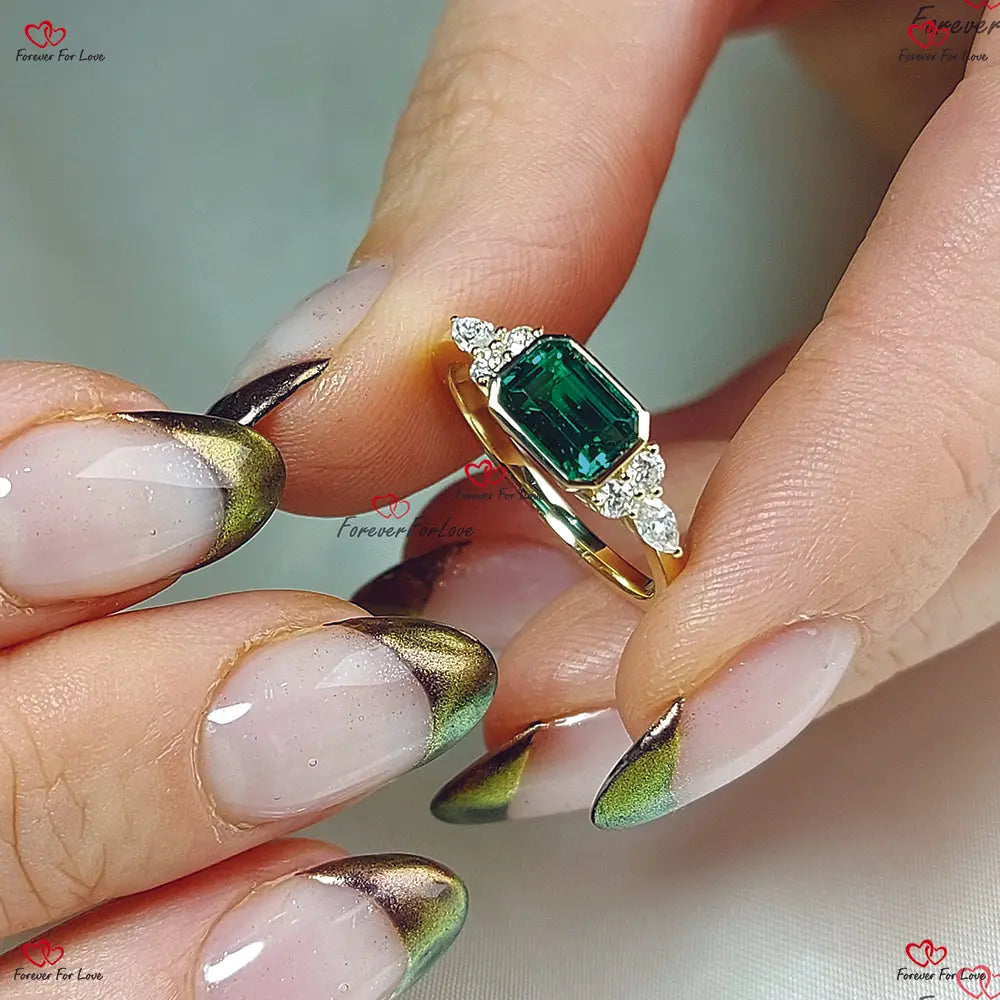 Dainty Emerald Ring solid gold Genuine Emerald Baguette and Diamonds Stackable Minimalist Thin Band Ring. Gift for her.