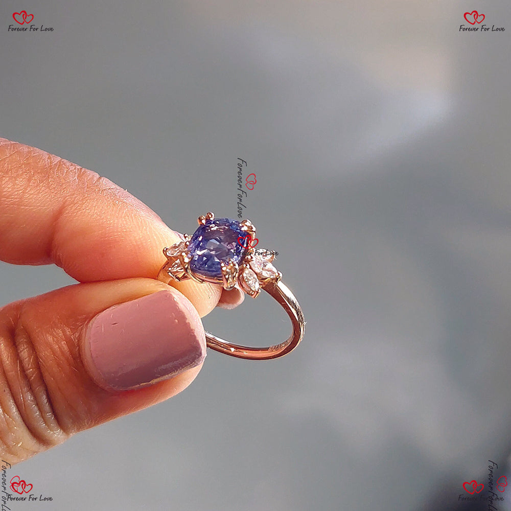 Vintage Blue Sapphire Engagement Ring | Natural Ceylon Blue Sapphire | Marquise Diamond in Rose Gold