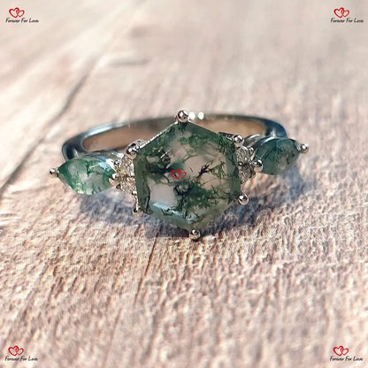 Natural Moss Agate Hexagon Engagement Ring | White Gold Silver or Platinum | Cluster Aquatic Agate Promise Ring with Marquise Moss Agate and Moissanite