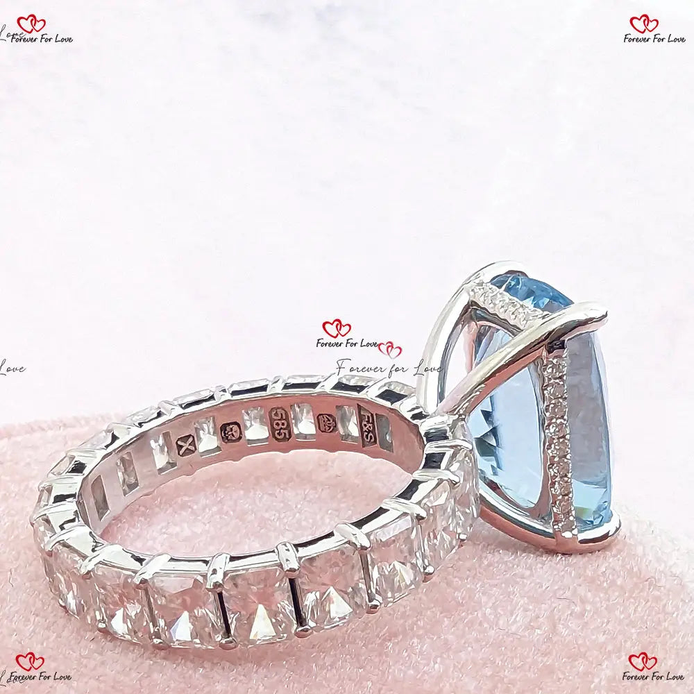 Cushion Cut Aquamarine Engagement Ring - Chunky Radiant Diamond Band in Rose Gold