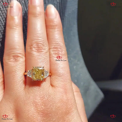 Radiant Cut Canary Yellow Diamond Engagement Ring - Solid Gold Promise Ring with Trillion Cut Diamond Side Stones