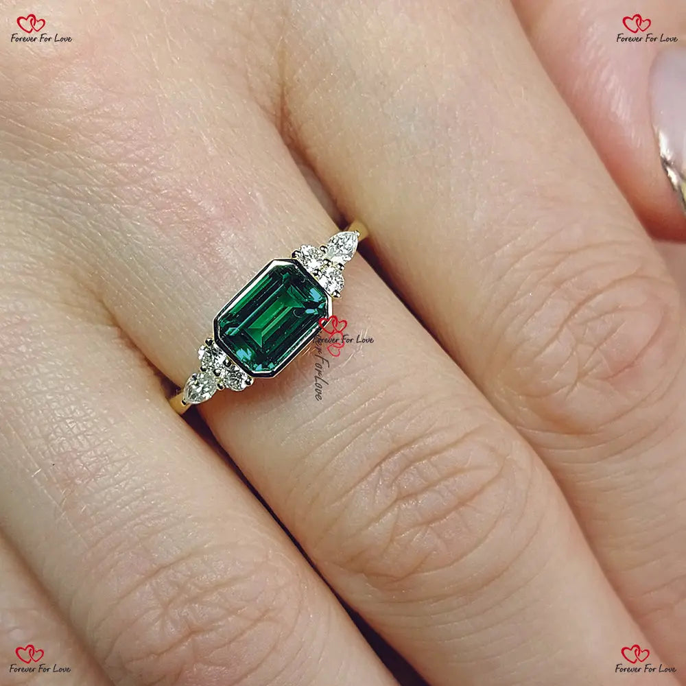 Dainty Emerald Ring solid gold Genuine Emerald Baguette and Diamonds Stackable Minimalist Thin Band Ring. Gift for her. Emerald cut 1Ct Natural Emerald engagement ring in 935 Argentium Silver — custom handcrafted by Forever For Love