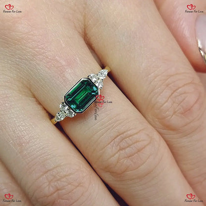 Dainty Emerald Ring solid gold Genuine Emerald Baguette and Diamonds Stackable Minimalist Thin Band Ring. Gift for her.