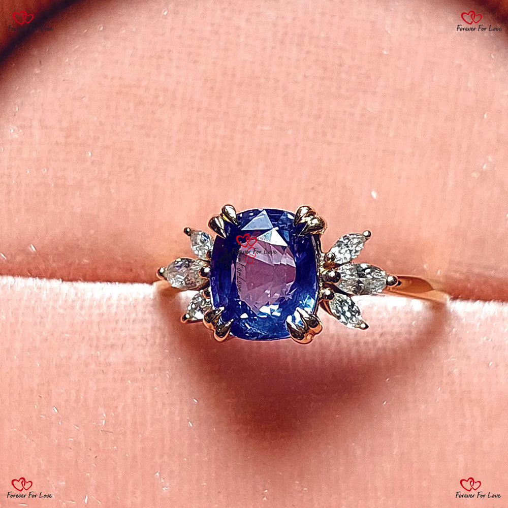 Vintage Blue Sapphire Engagement Ring | Natural Ceylon Blue Sapphire | Marquise Diamond in Rose Gold