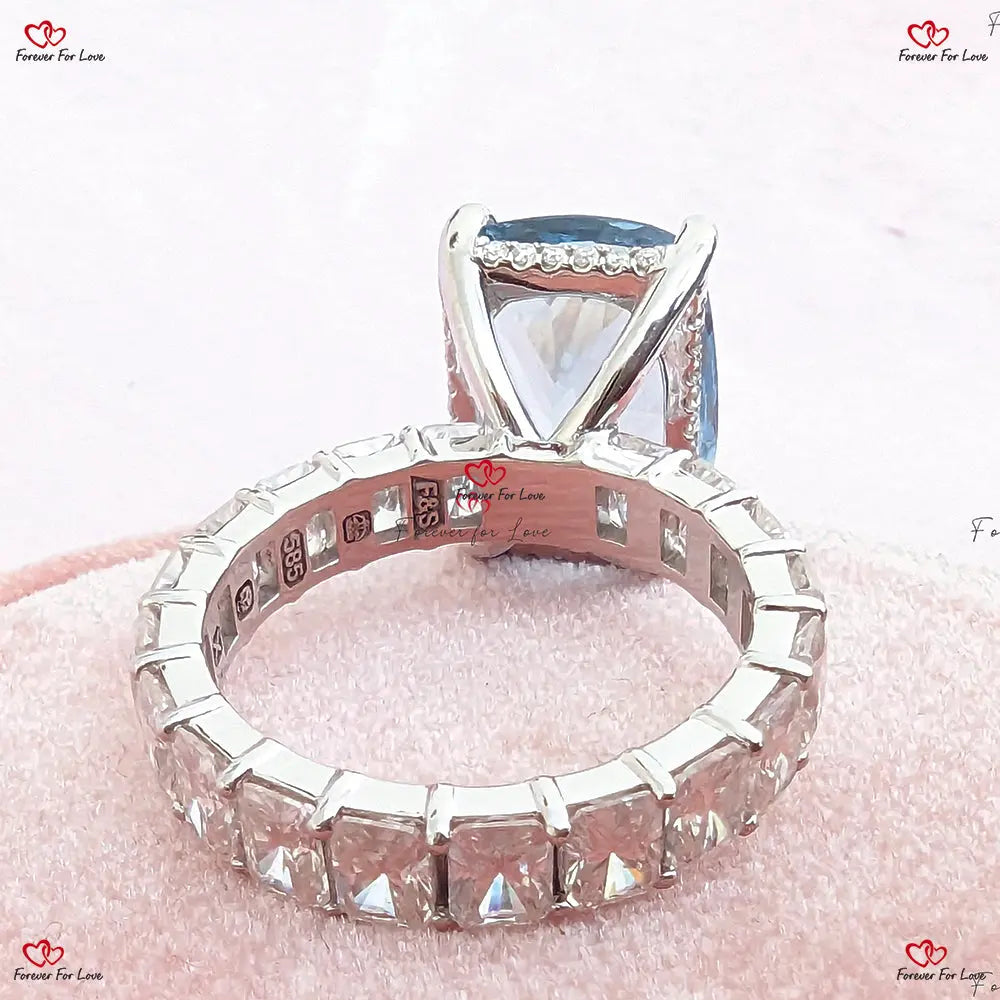 Cushion Cut Aquamarine Engagement Ring - Chunky Radiant Diamond Band in Rose Gold