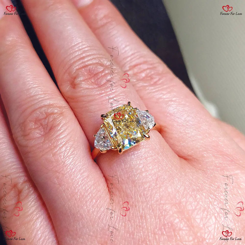 Radiant Cut Canary Yellow Diamond Engagement Ring - Solid Gold Promise Ring with Trillion Cut Diamond Side Stones