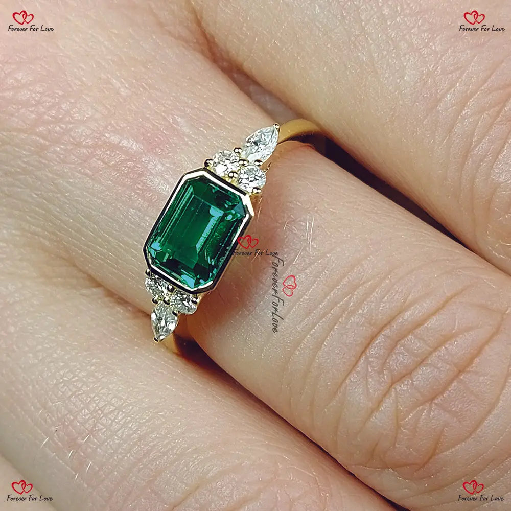 Dainty Emerald Ring solid gold Genuine Emerald Baguette and Diamonds Stackable Minimalist Thin Band Ring. Gift for her.