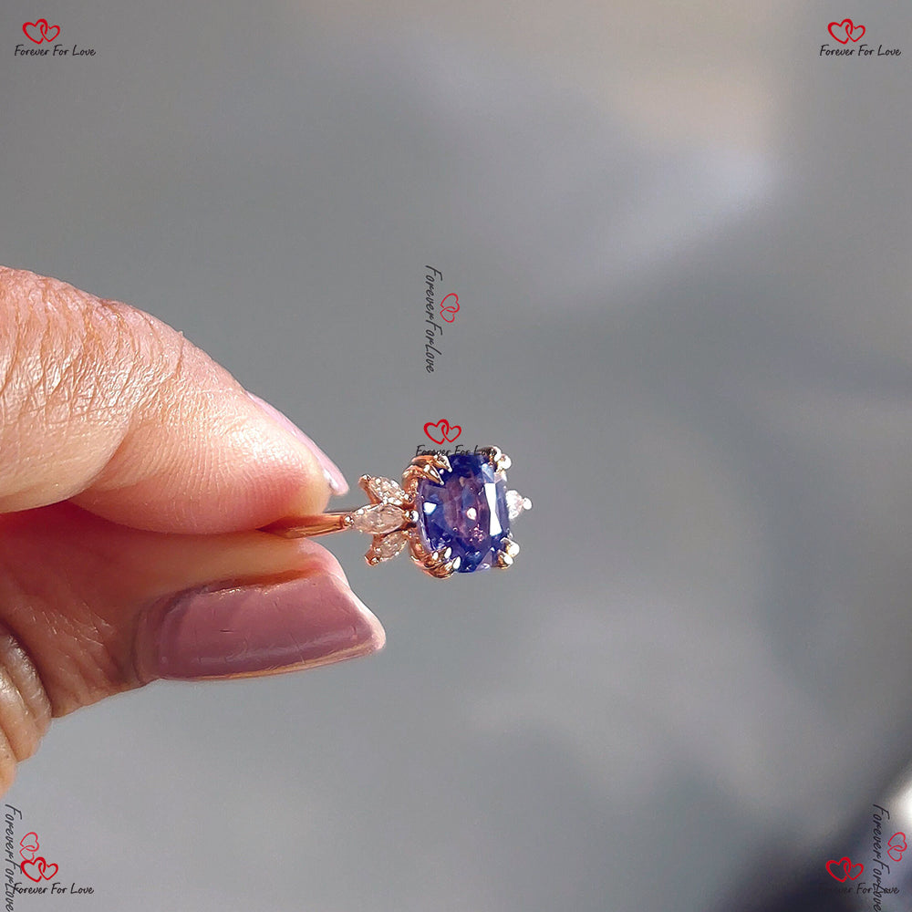 Vintage Blue Sapphire Engagement Ring | Natural Ceylon Blue Sapphire | Marquise Diamond in Rose Gold