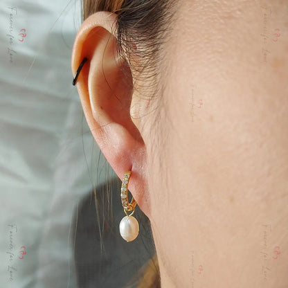 South Sea Pearl Hoop Earrings - Large Oval Pearls Bridal Huggie Earrings Forever For Love